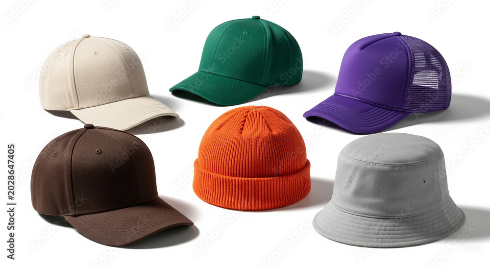 Fototapeta premium assorted hats and caps on white background collection of headwear
