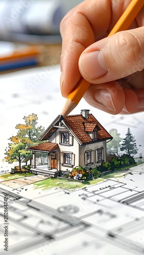 A hand drawing a detailed house on architectural plans