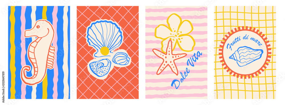 Obraz premium Amalfi Coast summer doodle poster set with seahorse, seashell, starfish and tropical flower. Mediterranean retro beach whimsical summer card collection in naive hand drawn style