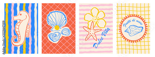 Amalfi Coast summer doodle poster set with seahorse, seashell, starfish and tropical flower. Mediterranean retro beach whimsical summer card collection in naive hand drawn style