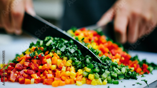 Chopped colorful mixed vegetables including bell peppers and herbs being chopped on a white