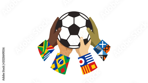 World cup 2026 football tournament soccer championship diverse hands holding a soccer ball representing global unity