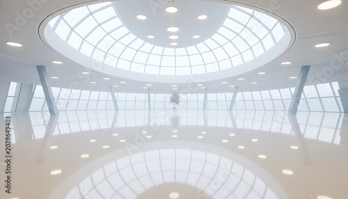 Modern white interior with dome ceiling and reflective floor