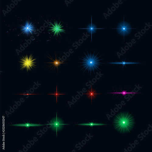 Colorful Starburst Lens Flare Light Effects Collection, Sparkle Stars on Black Background