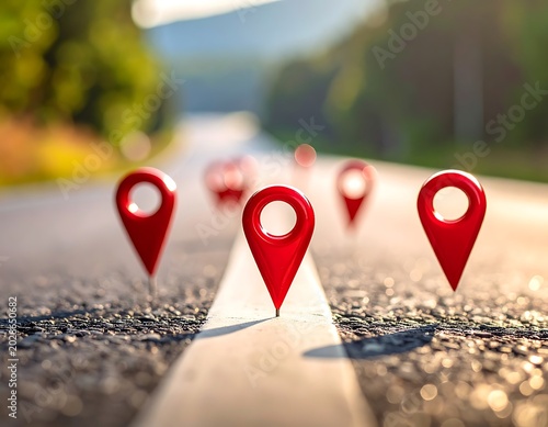A scenic road with red map markers on the lane