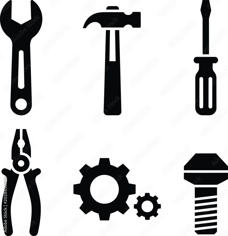 Obraz premium Set of black flat design hardware tool icons on white background
