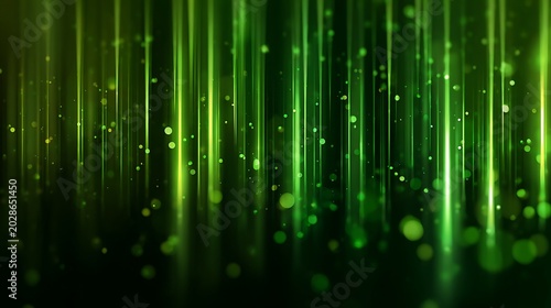 Abstract green and yellow vertical lines with glowing particles and bokeh effect