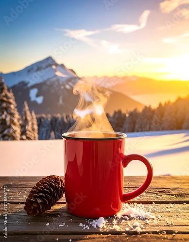 A serene winter scene with a steaming red mug on a wooden table