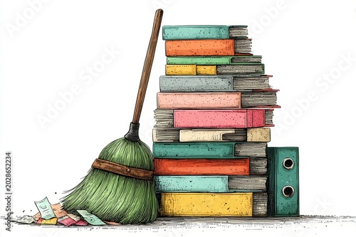 Stack of books with broom and scattered papers