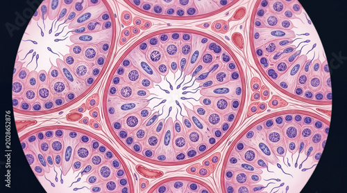 Vibrant cellular journey revealing the intricate dance of life’s beginnings within seminiferous structures, a microscopic spectacle