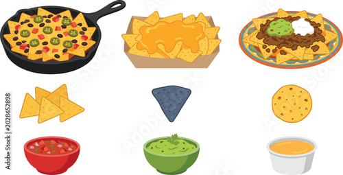 Photos Mexican Nachos Snack Collection Featuring Loaded Cheese Nachos, Salsa Dips, Guac