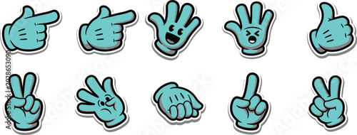 Collection of various green cartoon hand gestures on isolated for communication and expression