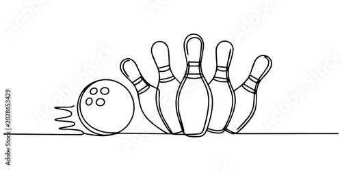 Bild auf Leinwand One line drawing of bowling ball hitting pins