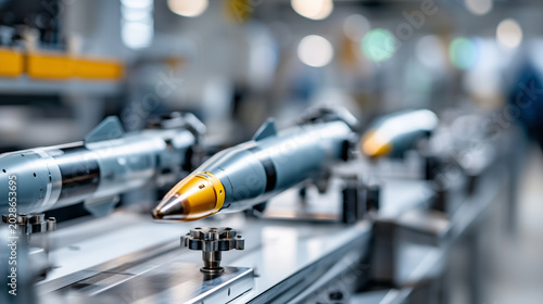 Precision manufacturing of military drones, engineers are mounting military drone missiles, with a clean and bright modern production line in the background. 
