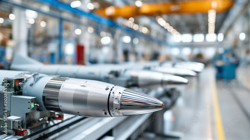 Naklejka premium Precision manufacturing of military drones, engineers are mounting military drone missiles, with a clean and bright modern production line in the background. Close up,, stock photo