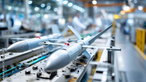 Precision manufacturing of military drones, engineers are mounting military drone missiles, with a clean and bright modern production line in the background. Close up,, stock photo