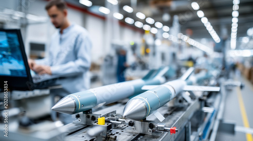 Precision manufacturing of military drones, engineers are mounting military drone missiles, with a clean and bright modern production line in the background. Close up,, stock photo