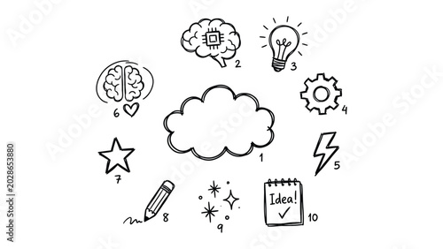 Obraz na plátne Creative Brainstorming Icons: A collection of hand-drawn icons representing creativity, ideas, and thought processes, arranged around a central cloud