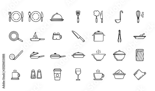 фотографія A kitchen cooking and tableware icon set designed in a compact 320 x 260 layout with clean minimalist vector style and consistent 2px editable strokes