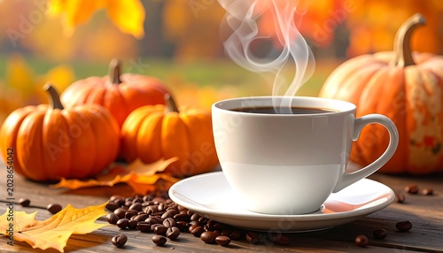 A warm cup of coffee surrounded by pumpkins and autumn leaves