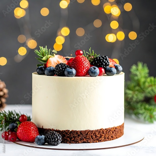 A white frosted cake with berries on top and festive background