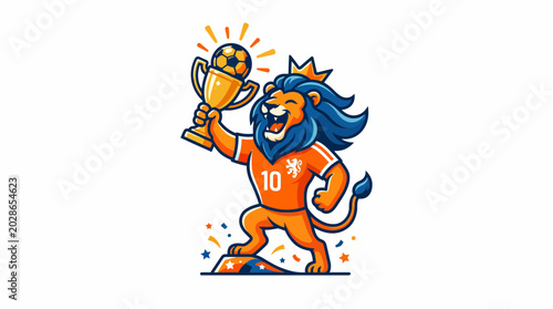 Dutch lion mascot lifting golden trophy world cup 2026 soccer vector illustration for sports championship event