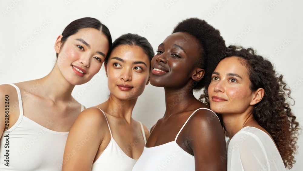 Fototapeta premium Four diverse women in white tops pose closely together, showcasing natural beauty and unity with a neutral background.