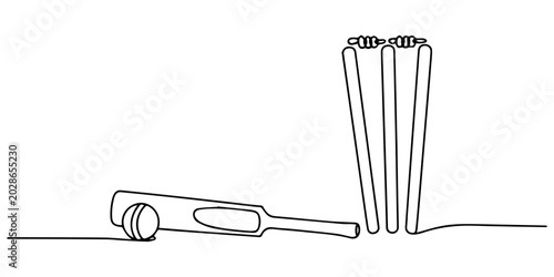 Foto cricket bat, stumps, bails, and ball isolated continuous one line drawing, Wooden cricket gear or equipment for match