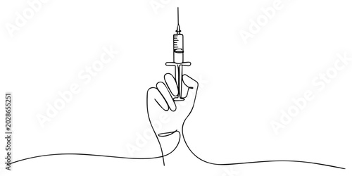 Schilderij op canvas Continuous one line drawing doctor hand press syringe ready to inject shot