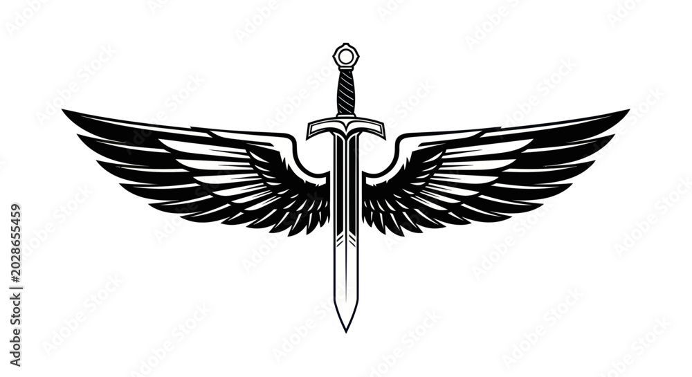 Fototapeta premium Winged Sword Emblem Black and White Vector Graphic