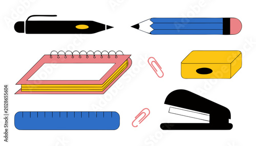 office stationery vector set, pen pencil notebook ruler eraser stapler paper clips isolated on white background, clean flat style