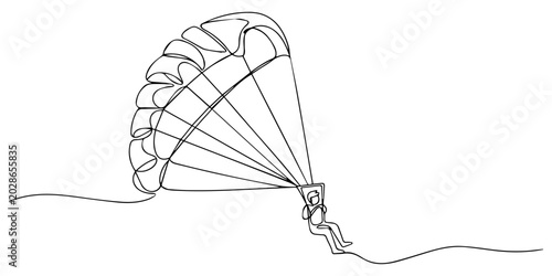 Fotografi rave person is paragliding, suspended high beneath fully inflated chute continuous line drawing, flying low over a slope, thrill and airborne freedom