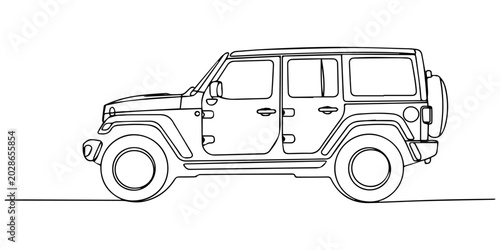 Fotografía Single one line drawing classic 4x4 SUV rendered with iconic square windows and high-clearance wheel arches