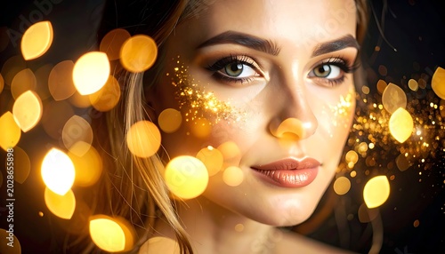 A woman's face surrounded by golden sparkles and bokeh lights