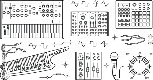 Tableau sur toile Synthesizer and Electronic Music Gear Vector Set with Keytar Modular Eurorack Mi