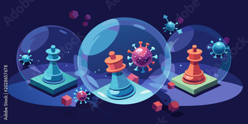 3d scene of Social distancing concept with chess pieces in glass bubbles distant from each other. 3D coronavirus cove 19 models around yellow ... See More.vector

