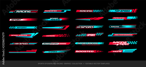 Sport Car Racing livery decals set of red and blue sport stripes, sport stickers, dynamic typography elements. Bright Racing stripes decal for branding vehicle - editable vector templates (set 7)