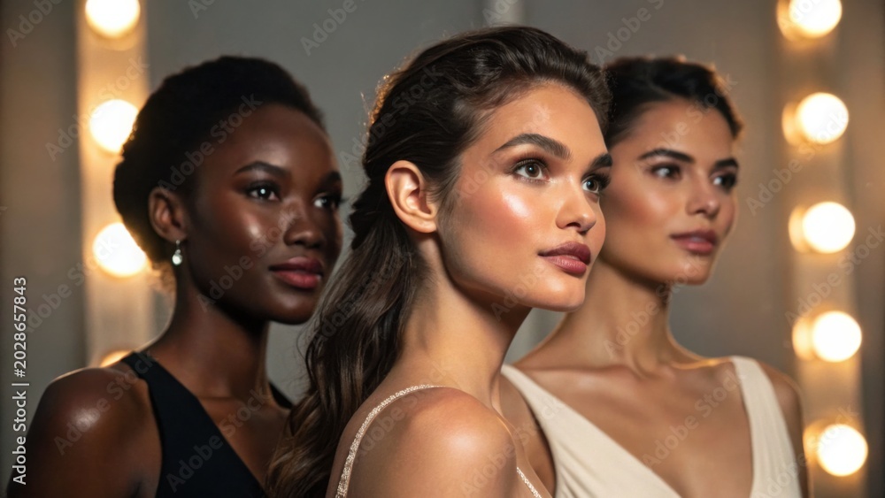 Obraz premium Three diverse women with elegant makeup and hairstyles pose confidently against a blurred background with warm lights.