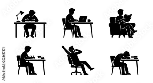 Tableau sur toile Stick Figure Activities Collection: Studying, Working, Reading, Relaxing, Exhaus
