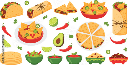 Traditional Mexican Food and Tex Mex Icon Set with Flat Vector Illustrations of Tacos Burritos Quesadillas and Nachos for Restaurant Menu Designs