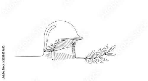 Tableau sur toile Wartime Helmet with Olive Branch Sketch - Peace and Remembrance