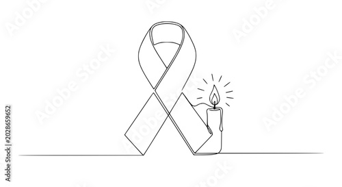Schilderij op canvas Awareness ribbon with lit candle, single line art, hope and remembrance concept