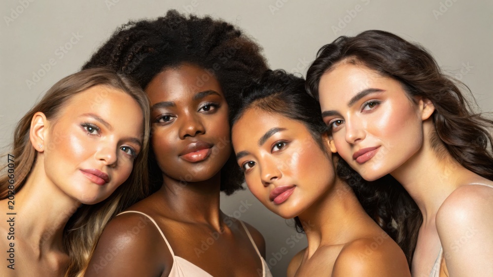 Obraz premium Four diverse women with radiant skin pose closely together, showcasing natural beauty and confidence against a neutral background.
