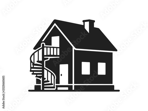 Black and white house with staircase.