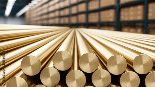Stack of polished brass metal rods in warehouse
