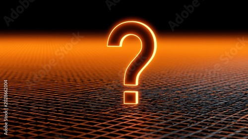 3D glowing orange question mark symbol on a digital grid floor