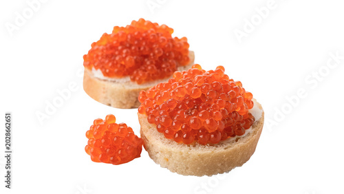 Foto Two traditional Russian gourmet appetizers of red caviar roe sandwiches on white