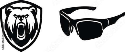 Foto Hunting adventure vector silhouette icon set featuring roaring grizzly bear shie