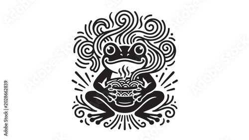 Obraz na plátně Frog holding steaming noodles with swirling lines and steam effects featuring ca