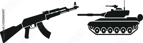 Tableau sur toile Military warfare vector silhouette set featuring automatic assault rifle weapon